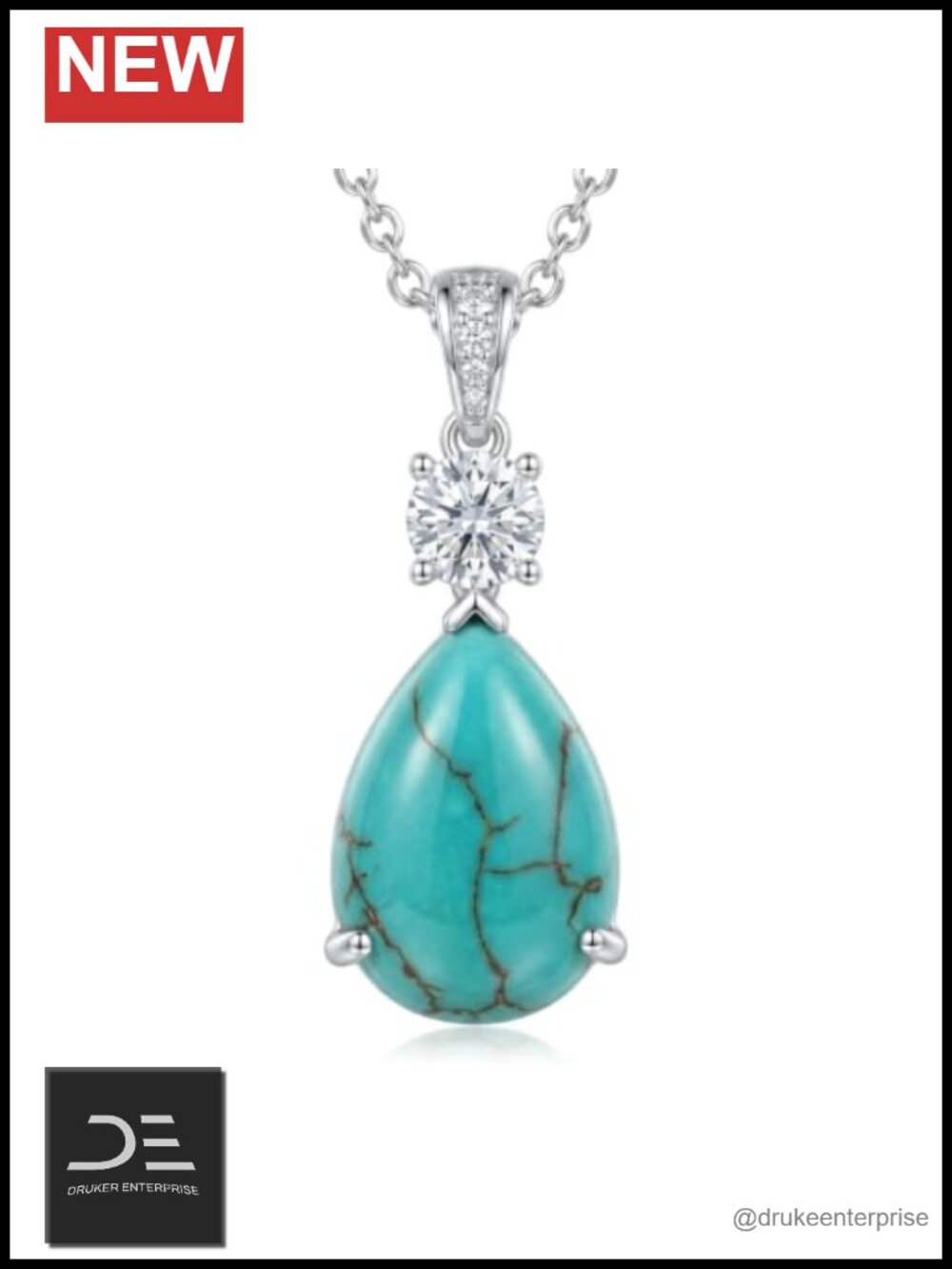 925 Sterling Silver Natural Turquoise Pendant Necklace Women Pear Cut CZ